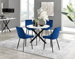 Furniturebox Uk Novara White Gloss Black Leg Round Dining Table & 4 Navy Pesaro Black Leg Chairs