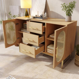 Btm Rattan Sideboard Storage Cabinet, 2 Doors And 3 Drawers, Oak Finish, Metal Handles, Adjustable Shelves, Anti Tip, 120X40X74Cm - thumbnail 8
