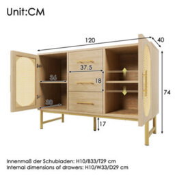 Btm Rattan Sideboard Storage Cabinet, 2 Doors And 3 Drawers, Oak Finish, Metal Handles, Adjustable Shelves, Anti Tip, 120X40X74Cm - thumbnail 2