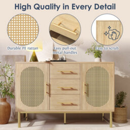 Btm Rattan Sideboard Storage Cabinet, 2 Doors And 3 Drawers, Oak Finish, Metal Handles, Adjustable Shelves, Anti Tip, 120X40X74Cm - thumbnail 5