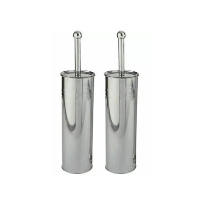 New Set Of 2 Silver Round Stainless Steel Toilet Bathroom Cleaning Brush Free Standing Holder - image 1