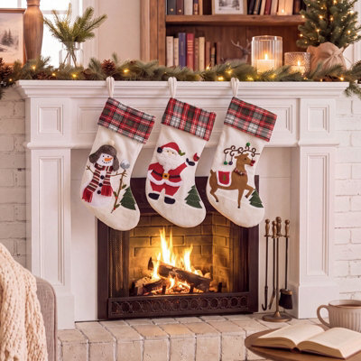 Living And Home 3 Pack Christmas Stockings Santa Snowman Reindeer Plaid Cuff Hanging Fireplace Decorations - image 1
