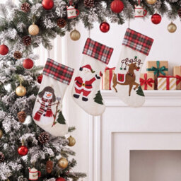 Living And Home 3 Pack Christmas Stockings Santa Snowman Reindeer Plaid Cuff Hanging Fireplace Decorations - thumbnail 2