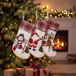 Living And Home 3 Pack Christmas Stockings Santa Snowman Reindeer Plaid Cuff Hanging Fireplace Decorations - thumbnail 3