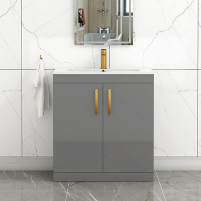 Royal Bathrooms Turin Indigo Grey Gloss 800mm Floor Standing Vanity Unit 2 Door With Minimalist Basin Sink & Brushed Brass Handles - image 1