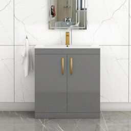 Royal Bathrooms Turin Indigo Grey Gloss 800mm Floor Standing Vanity Unit 2 Door With Minimalist Basin Sink & Brushed Brass Handles