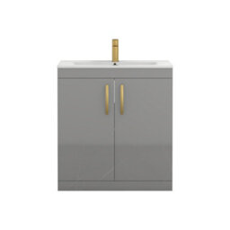 Royal Bathrooms Turin Indigo Grey Gloss 800mm Floor Standing Vanity Unit 2 Door With Minimalist Basin Sink & Brushed Brass Handles - thumbnail 6