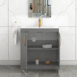 Royal Bathrooms Turin Indigo Grey Gloss 800mm Floor Standing Vanity Unit 2 Door With Minimalist Basin Sink & Brushed Brass Handles - thumbnail 3