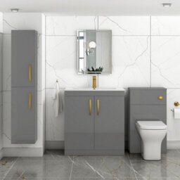 Royal Bathrooms Turin Indigo Grey Gloss 800mm Floor Standing Vanity Unit 2 Door With Minimalist Basin Sink & Brushed Brass Handles - thumbnail 4
