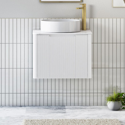 Royal Bathrooms Avenza 600mm Matt White Wall Hung Bathroom Countertop Vanity Unit 1 Drawer With Art Round Basin - image 1