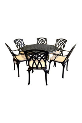 Sh&g Chirk 6 Seat Dining Table Set - 7 Piece Round Table & Chairs - Black Aluminium With Cream Cushions - Indoor & Outdoor - image 1