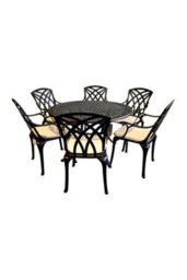 Sh&g Chirk 6 Seat Dining Table Set - 7 Piece Round Table & Chairs - Black Aluminium With Cream Cushions - Indoor & Outdoor - thumbnail 1