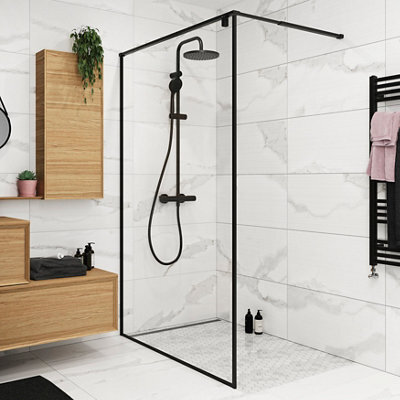 GoodHome Ezili Matt Black Clear Toughened Safety Glass Minimal Frame Walk-In Wet Room Glass Screen (H)195Cm (W)119Cm