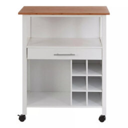 Orsina Compact Design White And Bamboo Top 1 Drawer Kitchen Trolley, Sturdy Kitchen Trolley For Entertaining Guests