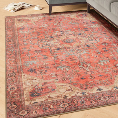 Loomed Gold Coral Distressed Persian Inspired Washable Living Room Area Rug 80Cm X 150Cm - image 1