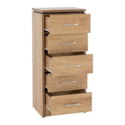 Seconique Charles 5 Drawer Narrow Chest In Oak Effect Veneer With Walnut Trim - thumbnail 3