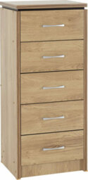 Seconique Charles 5 Drawer Narrow Chest In Oak Effect Veneer With Walnut Trim