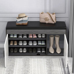 Grey & White 80Cm 2 Doors Shoe Storage Cabinet Bench With Seat Cushion - thumbnail 5