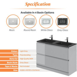 Plum&clay Marvel Gloss Light Grey Floor Standing Bathroom Vanity Unit With Grey Glass Basin (W)1200mm - thumbnail 4