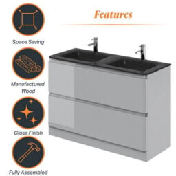 Plum&clay Marvel Gloss Light Grey Floor Standing Bathroom Vanity Unit With Grey Glass Basin (W)1200mm - thumbnail 5