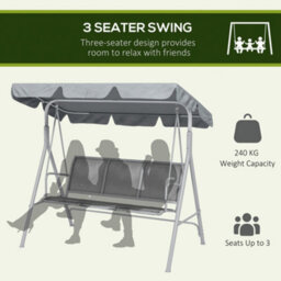 Outsunny Metal Swing Chair Garden Hammock 3 Seater Patio Bench W/ Canopy, Grey - thumbnail 7