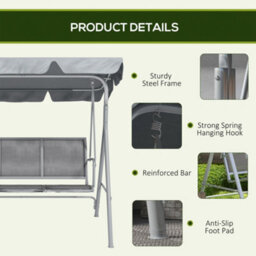 Outsunny Metal Swing Chair Garden Hammock 3 Seater Patio Bench W/ Canopy, Grey - thumbnail 6