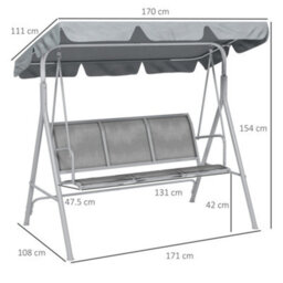 Outsunny Metal Swing Chair Garden Hammock 3 Seater Patio Bench W/ Canopy, Grey - thumbnail 3