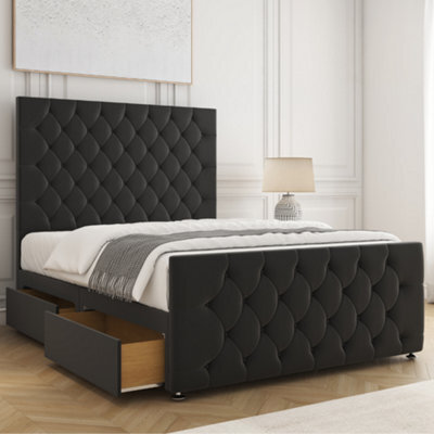 Bsspoke Maya Divan Bed Set Black Plush Velvet 54Inch Headboard & 20Inch Footboard 2 Drawers Same Side & Mattress In All Sizes - image 1