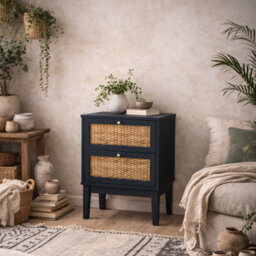 Wyld Haus Waterford Berlin Blue Oak And Rattan Bedside Table 2 Drawers - thumbnail 1