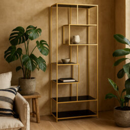 Wyld Haus El Paso Gold Asymmetrical Bookcase With 5 Ash-Black Shelves