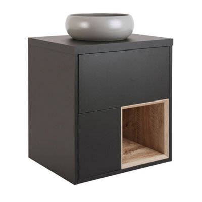 Homestylestore Black Grey 594mm Wall Hung Bathroom Vanity Unit Round Pebble Countertop Basin Open Shelf - image 1
