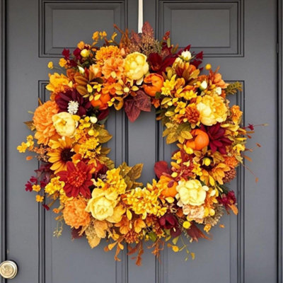 Amorly 45Cm Autumn Artificial Wreath Maple Leaves Pumpkin Flower Garland Fall Wreaths For Halloween Autumn Door Decoration - image 1