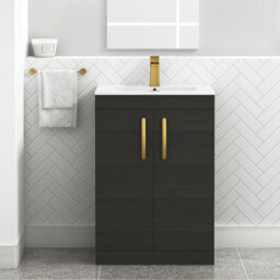 Royal Bathrooms Turin Hale Black 600mm Floor Standing Vanity Unit 2 Door With Minimalist Basin Sink & Brushed Brass Handles