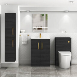 Royal Bathrooms Turin Hale Black 600mm Floor Standing Vanity Unit 2 Door With Minimalist Basin Sink & Brushed Brass Handles - thumbnail 4