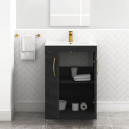 Royal Bathrooms Turin Hale Black 600mm Floor Standing Vanity Unit 2 Door With Minimalist Basin Sink & Brushed Brass Handles - thumbnail 5
