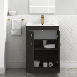 Royal Bathrooms Turin Hale Black 600mm Floor Standing Vanity Unit 2 Door With Minimalist Basin Sink & Brushed Brass Handles - thumbnail 3