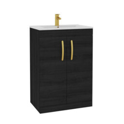 Royal Bathrooms Turin Hale Black 600mm Floor Standing Vanity Unit 2 Door With Minimalist Basin Sink & Brushed Brass Handles - thumbnail 6