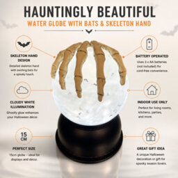 Festive Productions Halloween Water Globe With Bats And Skeleton Hand Battery Operated 15Cm Cloudy White - thumbnail 2