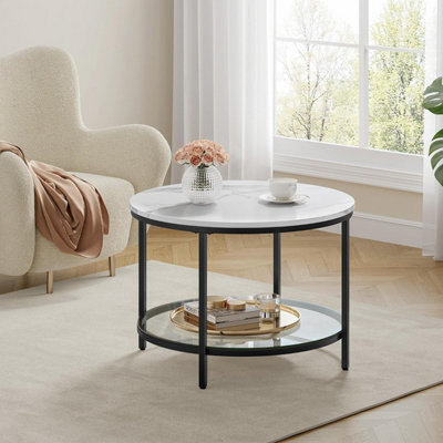 Songmics Vasagle Round Coffee Table, Faux Marble, Tempered Glass Storage Shelf, Modern Style, Living Room, Marble White & Ink Black - image 1