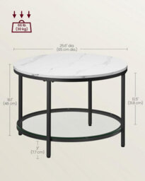 Songmics Vasagle Round Coffee Table, Faux Marble, Tempered Glass Storage Shelf, Modern Style, Living Room, Marble White & Ink Black - thumbnail 2