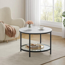 Songmics Vasagle Round Coffee Table, Faux Marble, Tempered Glass Storage Shelf, Modern Style, Living Room, Marble White & Ink Black
