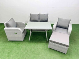 Fimous Light Grey Pe Wicker Rattan Garden Furniture Set Sofa Set Reclining Chair Love Sofa Rectangular Dining Table Big Stool - thumbnail 1