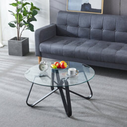 Living And Home Modern Glass Top Round Coffee Table With Black Metal Leg Dia  800mm - thumbnail 1