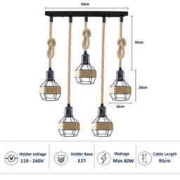 5Way Pendant Light Hemp Rope Chandeliers Woven Lampshade Ceiling Hanging Lights For Living Room Bedroom Hallway - thumbnail 4