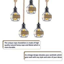 5Way Pendant Light Hemp Rope Chandeliers Woven Lampshade Ceiling Hanging Lights For Living Room Bedroom Hallway - thumbnail 7
