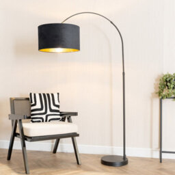 Valuelights Louis Black Arched Floor Lamp With Black Velvet Drum Metallic Gold Inner Shade