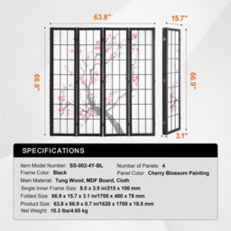 Vevor Room Divider, 4 Panel Japanese Room Divider Screen, Wood Folding Privacy Screen Indoor, For Room Separation Home - thumbnail 7