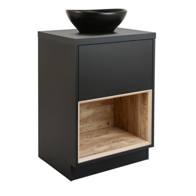 Homestylestore Dark Oak 600mm Led Lit Bathroom Vanity Unit Rectangular Countertop Graphite Basin Open Shelf - image 1