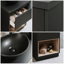 Homestylestore Dark Oak 600mm Led Lit Bathroom Vanity Unit Rectangular Countertop Graphite Basin Open Shelf - thumbnail 2