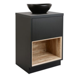 Homestylestore Dark Oak 600mm Led Lit Bathroom Vanity Unit Rectangular Countertop Graphite Basin Open Shelf